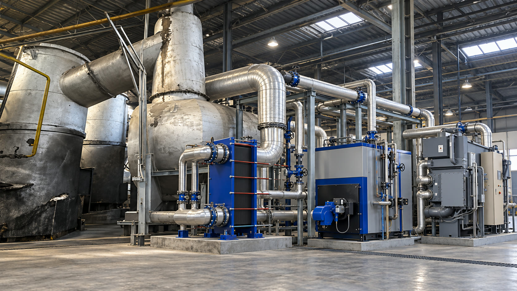 AI-generated concept illustration: blue heat-recovery equipment installed beside an existing incineration line